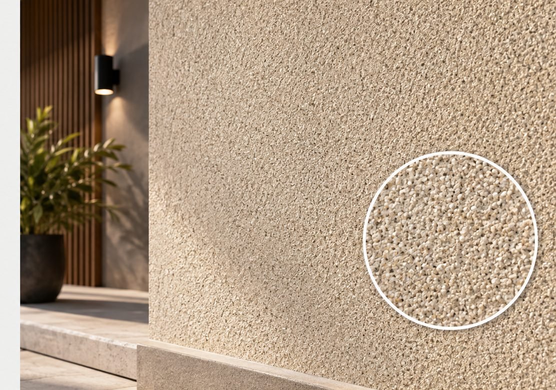 Parede externa com revestimento granulado bege