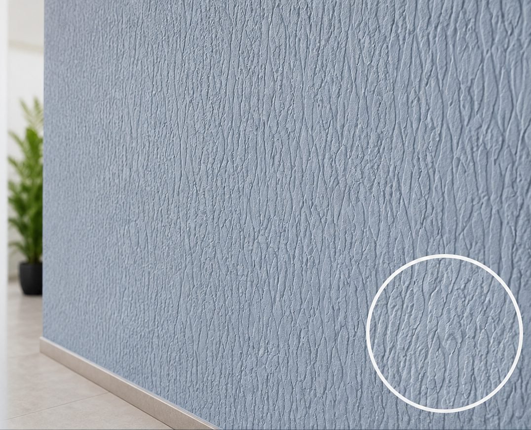 Parede azul-clara com revestimento de textura em relevo